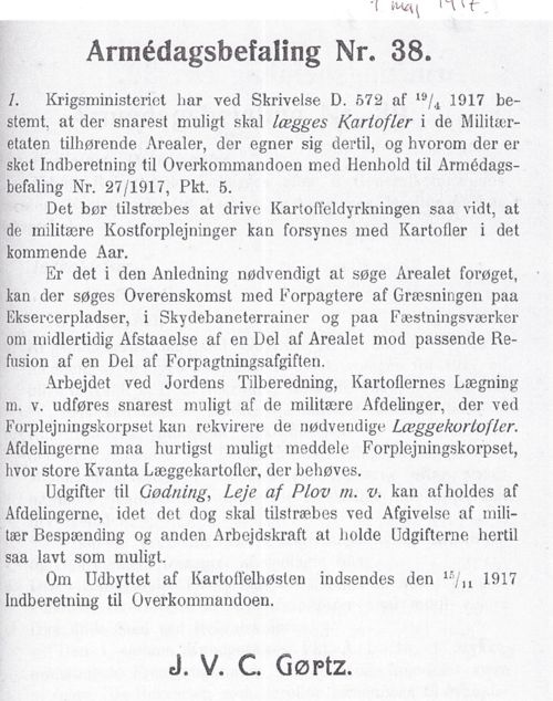 Armédagsbefaling Nr. 38, 1917, udstedt af Overkommandoen 1. maj 1917: Kartoffeldyrkning i militære arealer