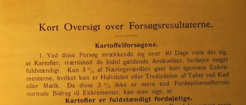 Mikkel Hindhedes kontor for Ernæringsundersøgelser: Fordøjelsesforsøg med Brød og Kartofler, 1912