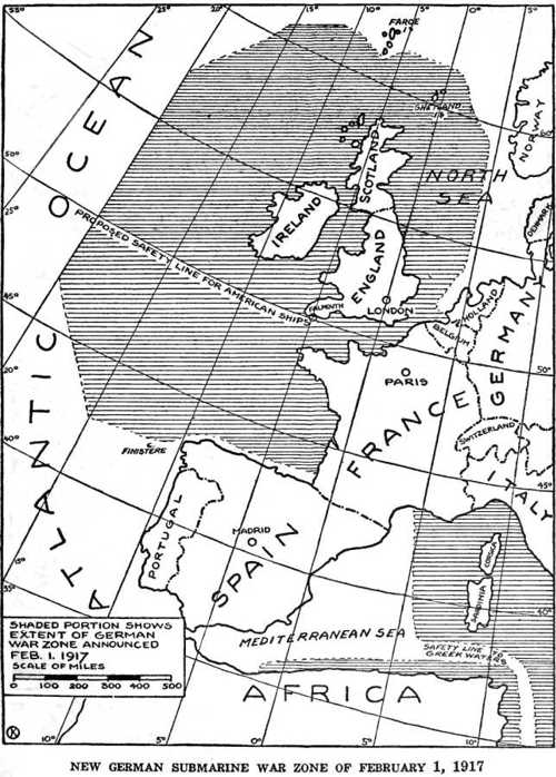 Området som tyskerne erklærede som krigszone pr. 1. februar 1917