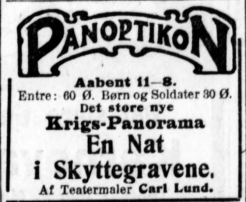 Plakat for krigs-panoramaet i vokskabinet i Panoptikon