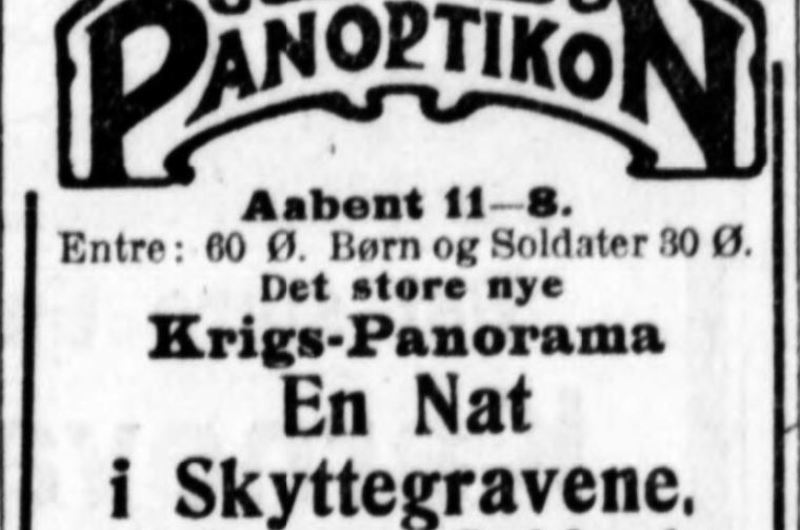 Plakat for krigs-panoramaet i vokskabinet i Panoptikon