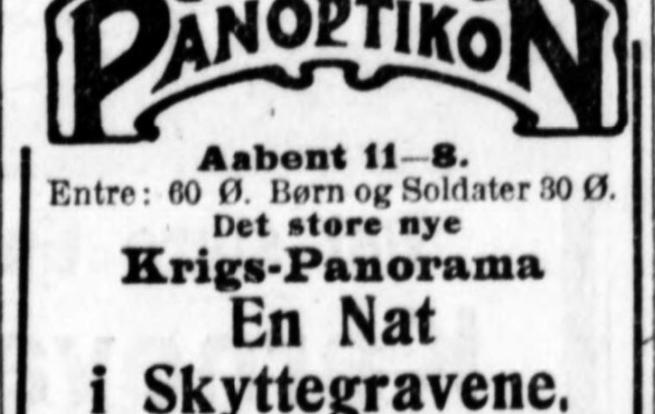 Plakat for krigs-panoramaet i vokskabinet i Panoptikon