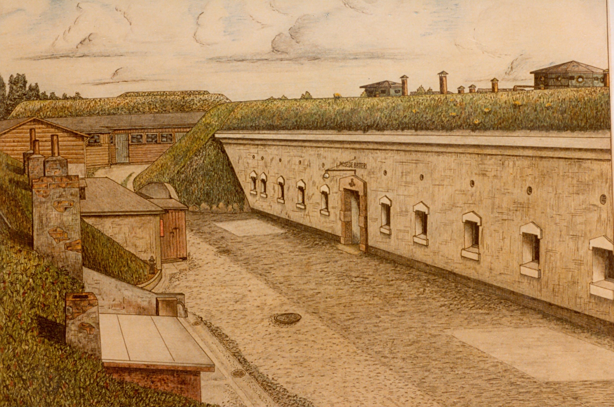 Farvekridttegning af Mosede Batteri, udført af F.H. Lichtenberger, tysk soldat i 1946, da Mosede Batteri fungerede som interneringslejr.