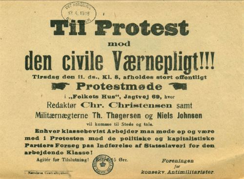 Foreningen for Konsekvente Antimilitarister indkaldte til møde i 1917 for at protestere mod indførelse af militærnægterordningen. Foto: Det Kongelige Bibliotek