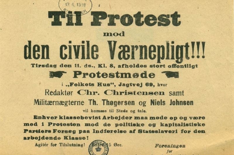Foreningen for Konsekvente Antimilitarister indkaldte til møde i 1917 for at protestere mod indførelse af militærnægterordningen. Foto: Det Kongelige Bibliotek