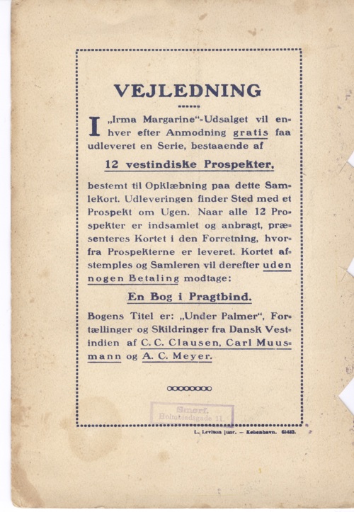 Bagsiden af samlemappen fra IRMA med billeder fra Dansk Vestindien. Afbilleder tekst-vejledning til samlemappen og mærkernes funktion.