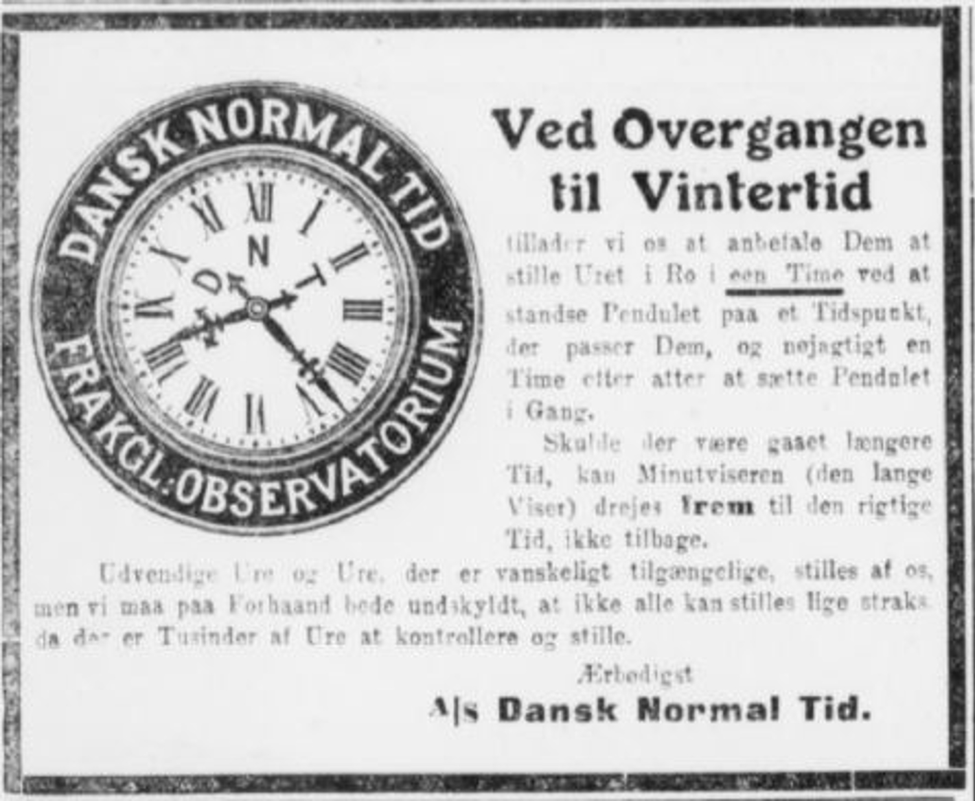 Instruktion om overgang til Vintertid 1916