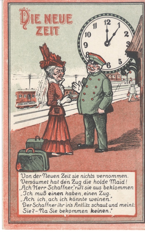 Tysk karikaturkort i anledning af sommertidens indførelse 1916