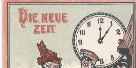 Tysk karikaturkort i anledning af sommertidens indførelse 1916