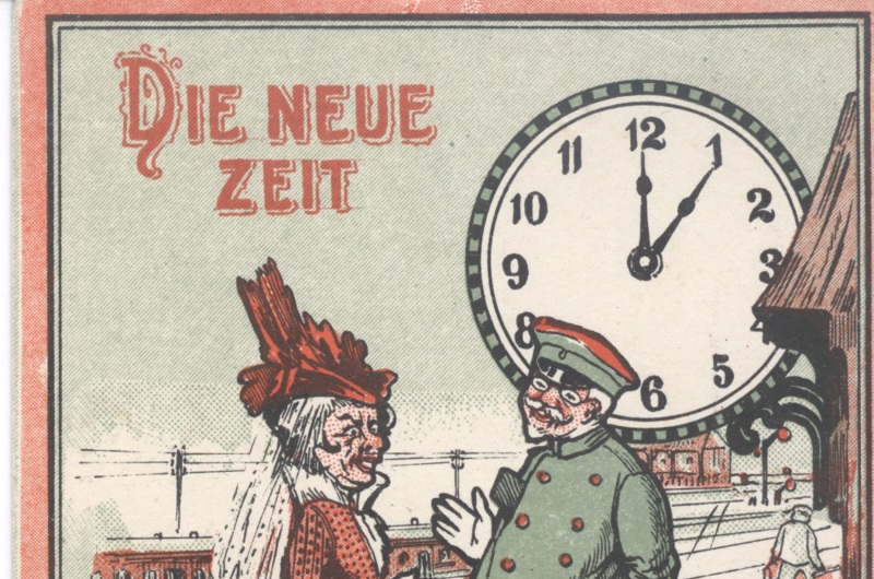 Tysk karikaturkort i anledning af sommertidens indførelse 1916